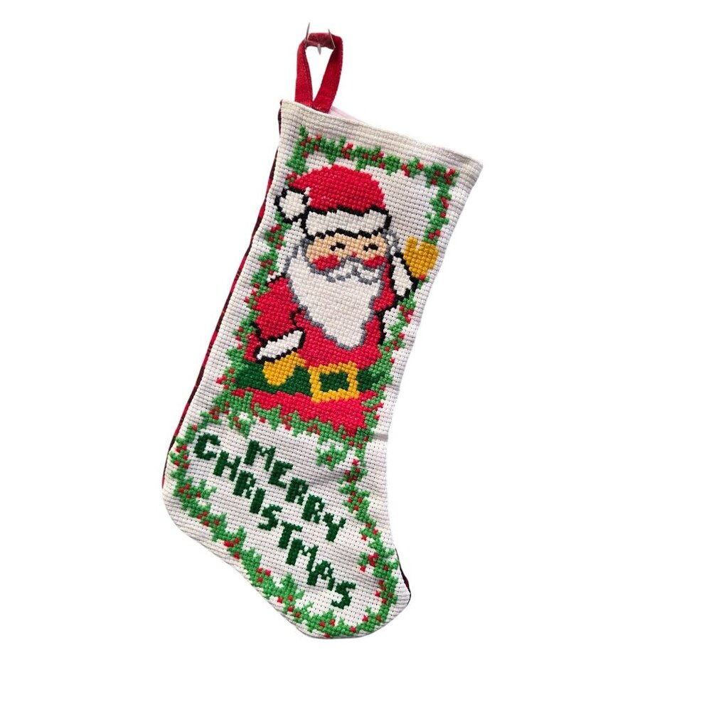 Merry Christmas Cross Stiched Santa Hanging Holiday Stocking